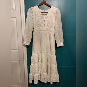 Anthropologie Vienna Tiered Midi/Maxi White Long Sleeve Dress, Lined, Size 6